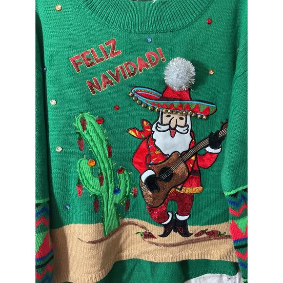 Feliz Navidad! Santa Small Guitar Sequins Bells Christmas Sweater - Picture 7 of 7
